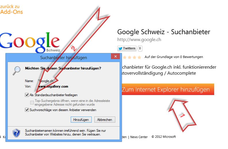 Internet Explorer 10 - Standardsuchmaschine zu Google.ch wechseln